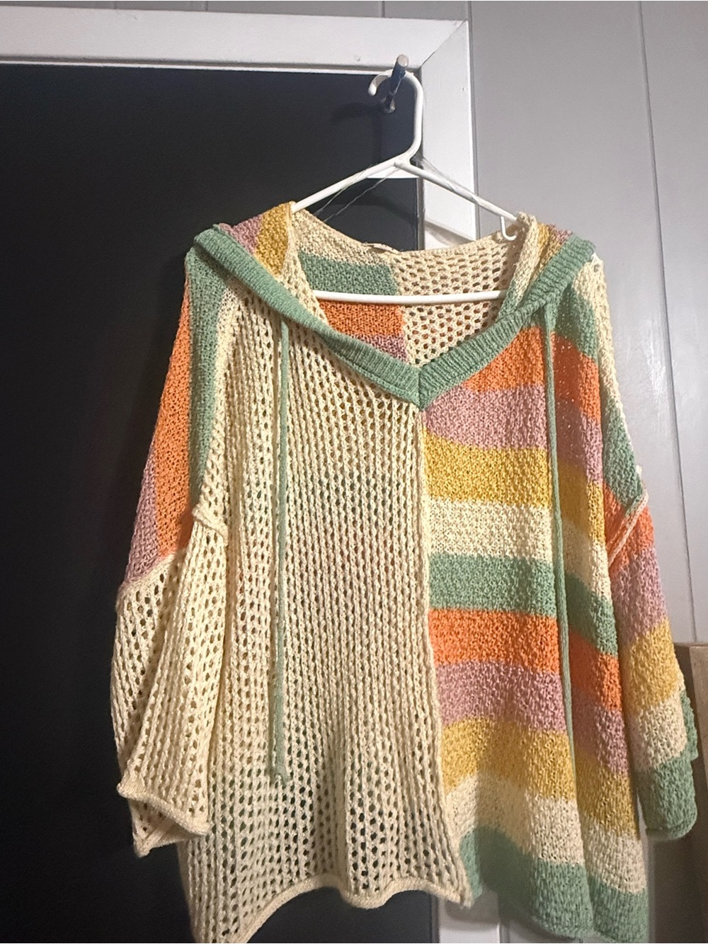 POL Cream Hooded V-Neck Sweater with Pastel Stripes